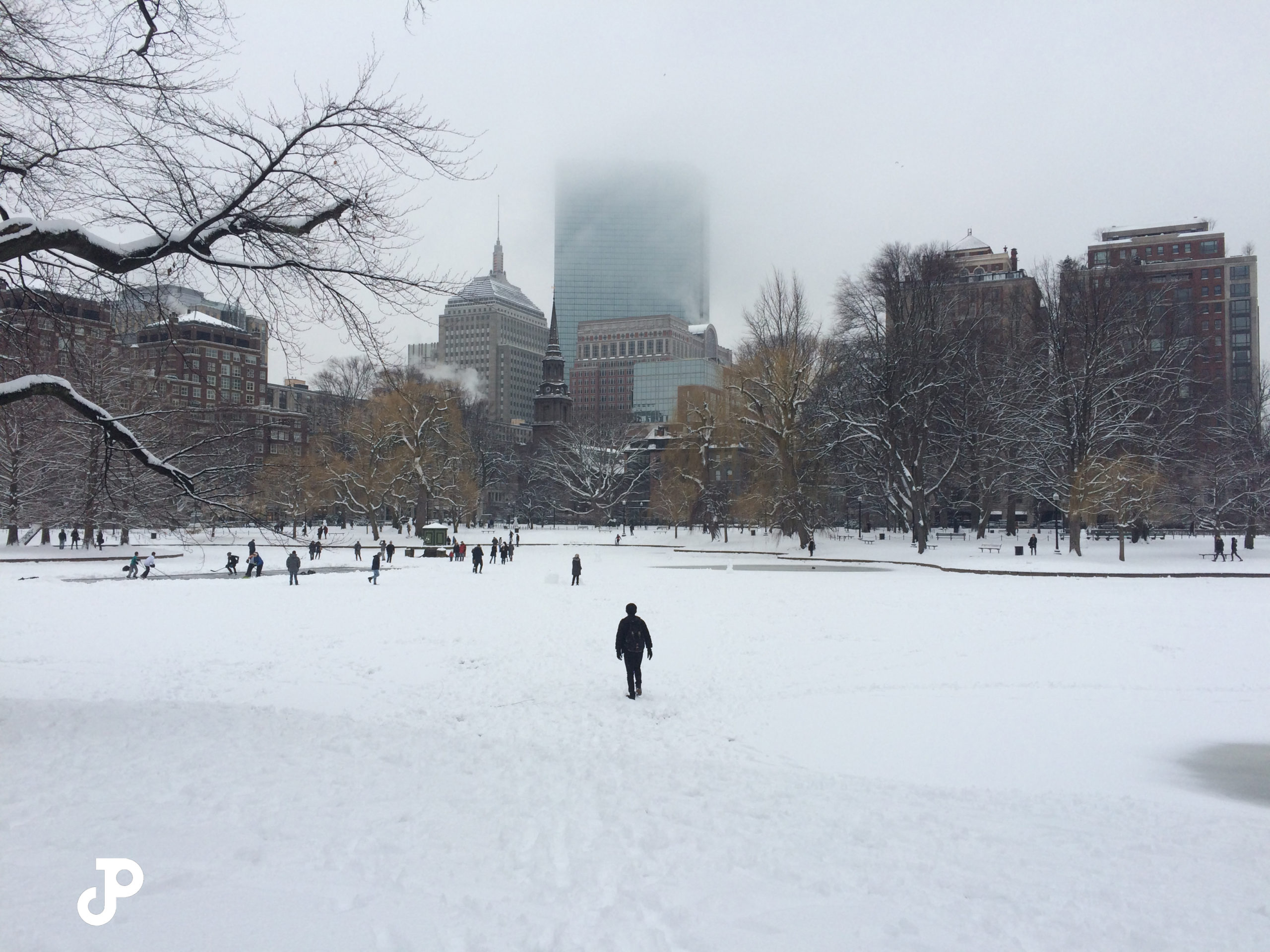 a snowy scene in the Boston Public Garden