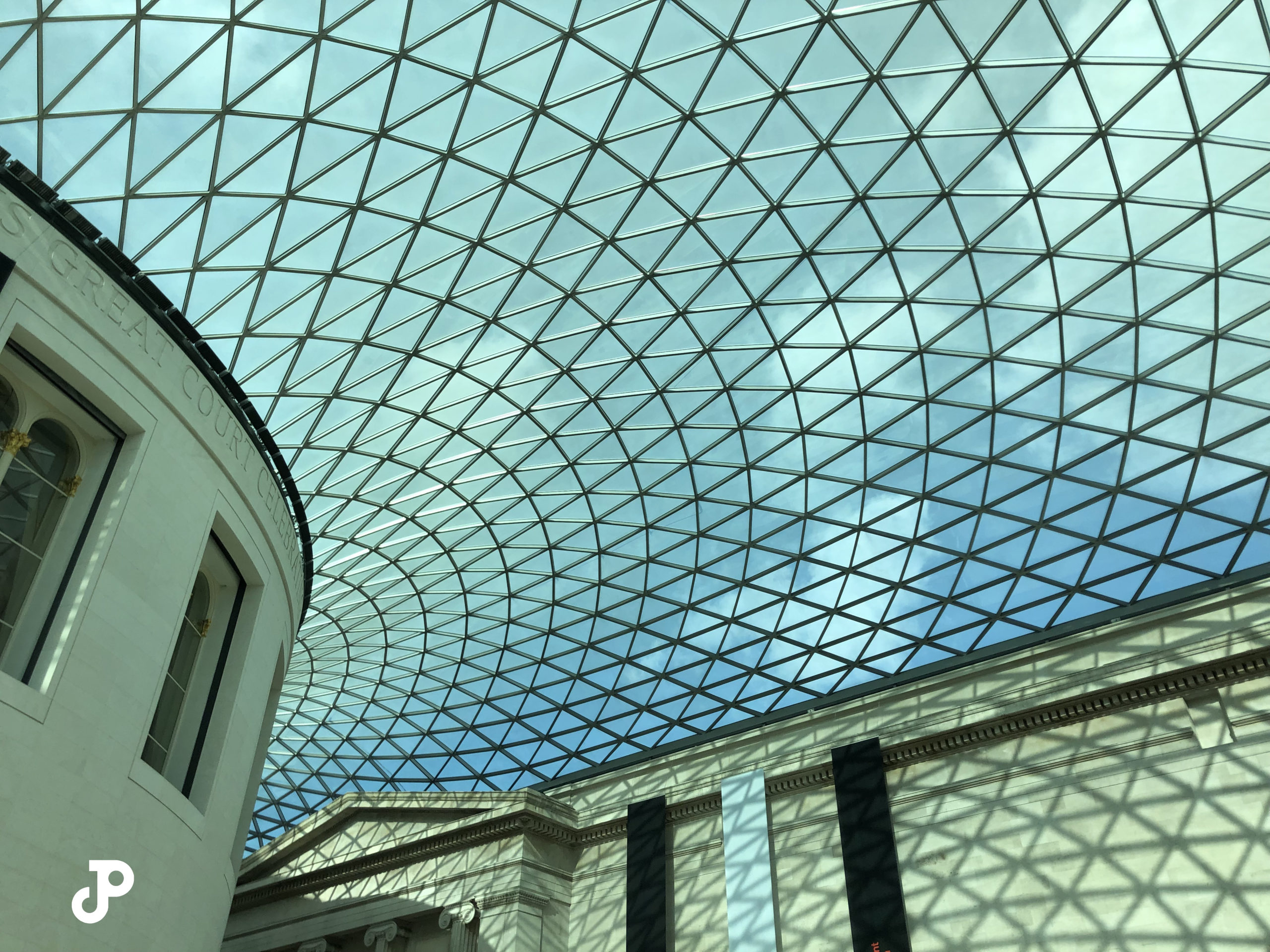 the geometric glass ceiling in the entryway of the British Museum