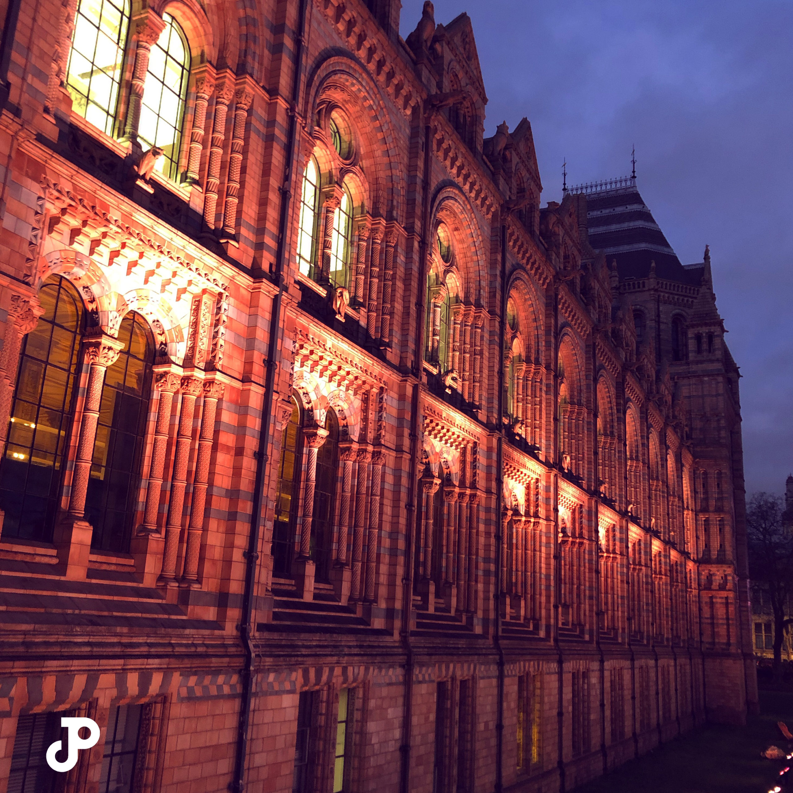 the ornate facade of the London Natural History Museum illuminated at night