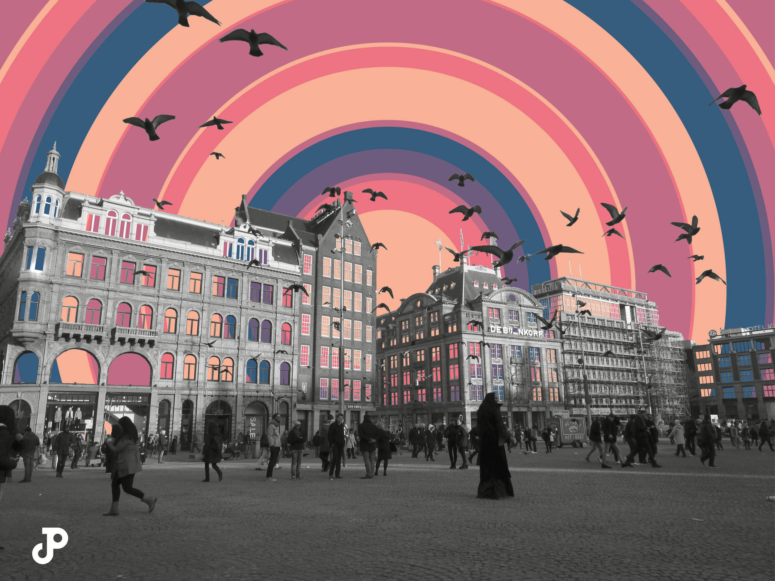 a photograph of buildings in Amsterdam with a colorful pop-art design of concentric circles replacing the sky