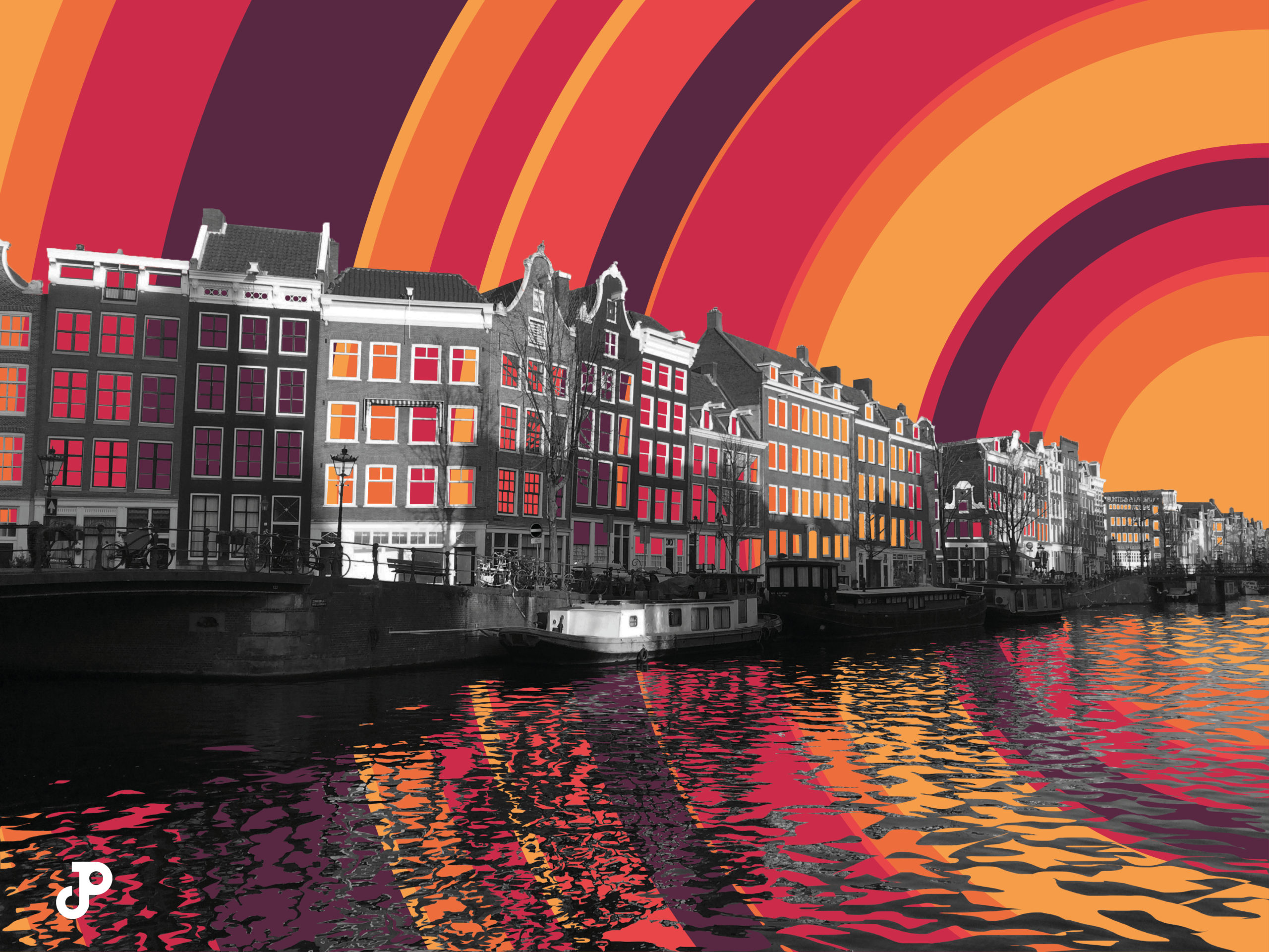 a photograph of buildings in Amsterdam with a colorful pop-art design of concentric circles replacing the sky
