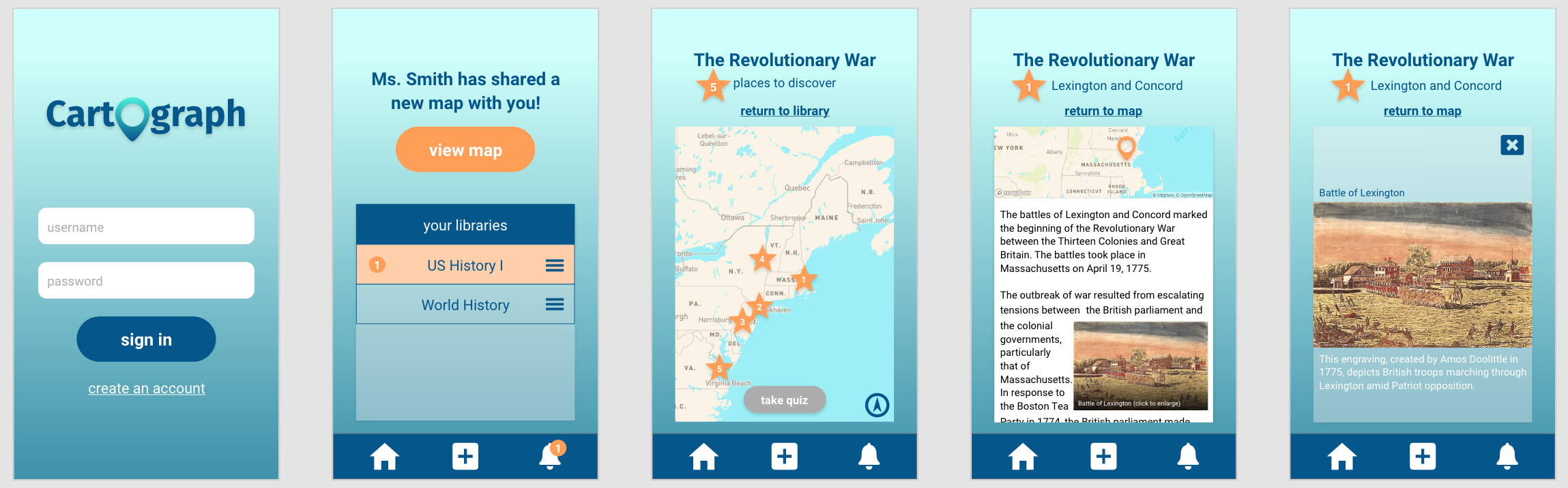 An image depicting five screenshots of the Cartograph app, demonstrating its visual style and design