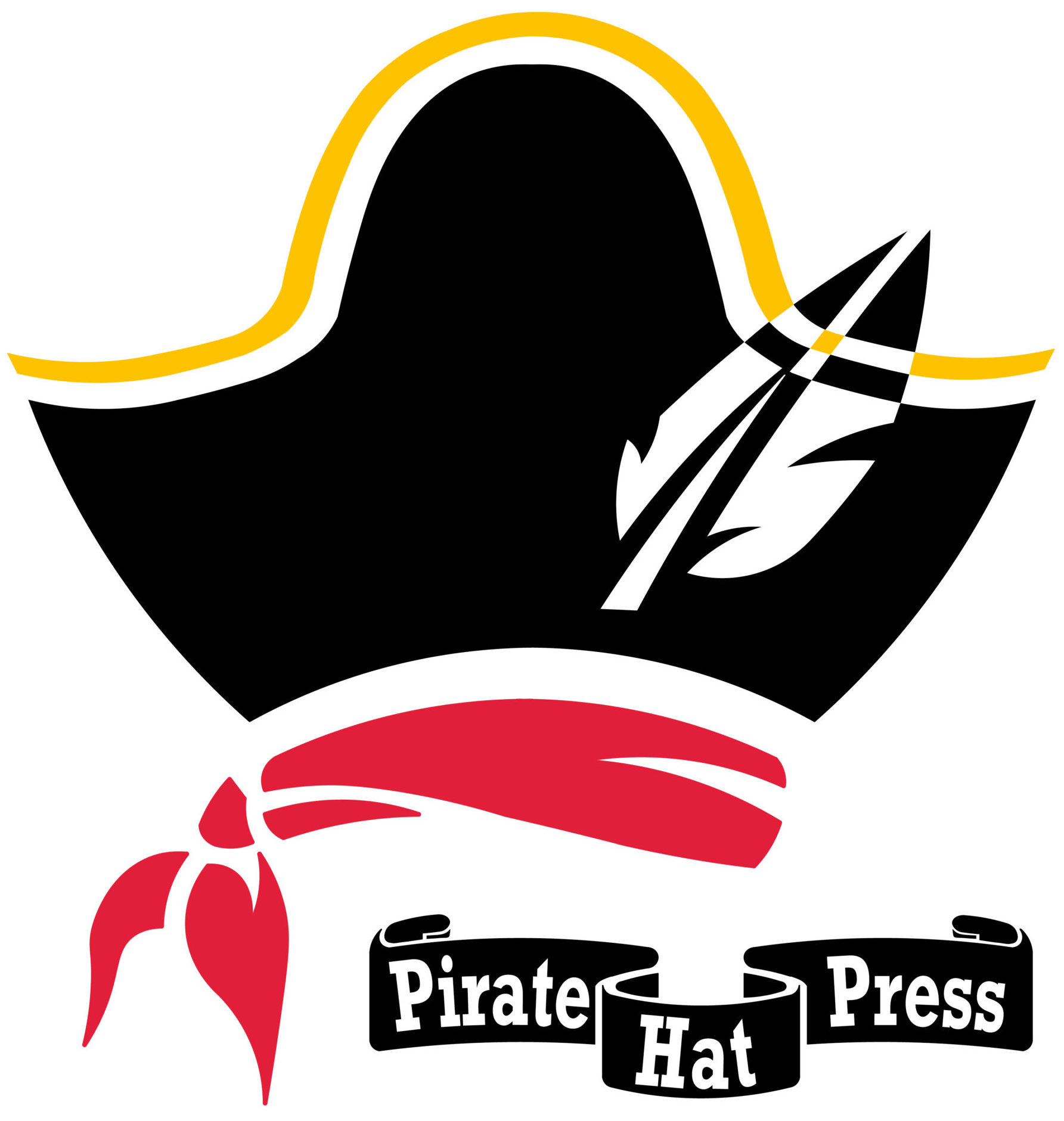 an illustrated logo of a pirate hat and a red scarf, below which is a black scroll with white text that reads Pirate Hat Press