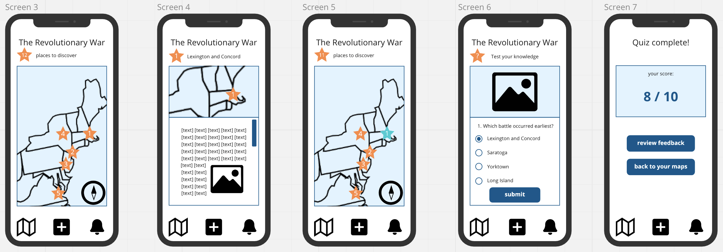 Digital low-fidelity prototypes demonstrating how to view a map and take a quiz on Cartograph