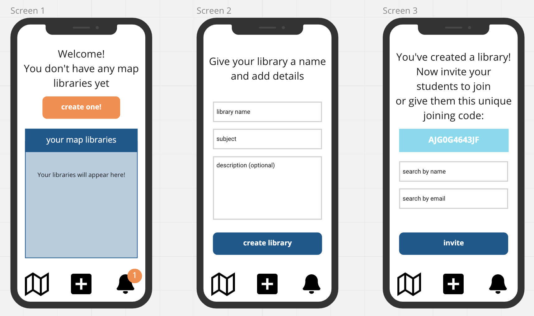 Digital low-fidelity prototypes demonstrating how to create a map library on Cartograph